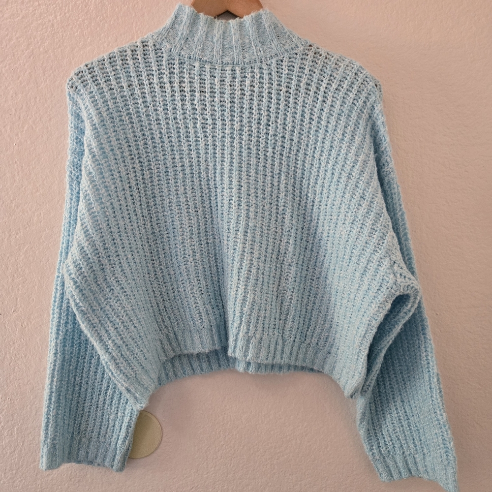 Sincerly Jules Light Blue Cropped Rib Knit Mock Neck Sweater